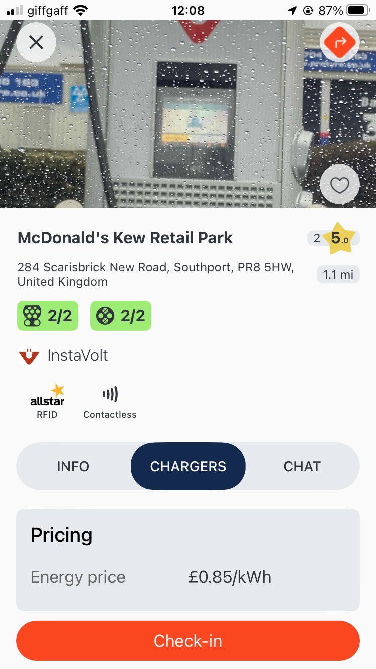Screen of the Zap Map app showing charging costs at the local McDonalds InstaVolt