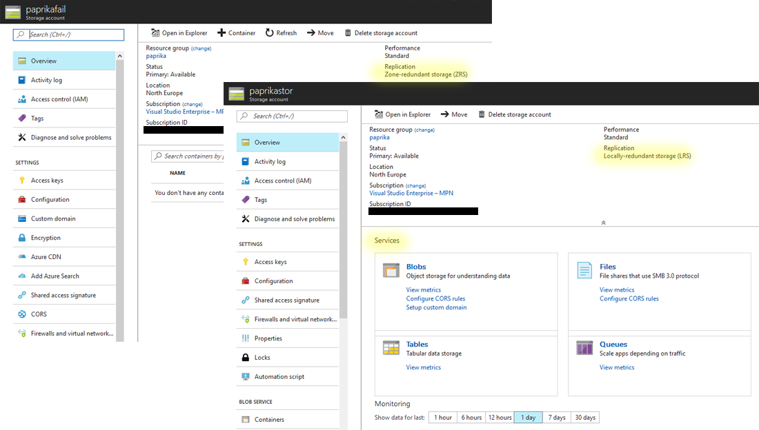 Comparison of portal views of LRS and ZRS storage accounts